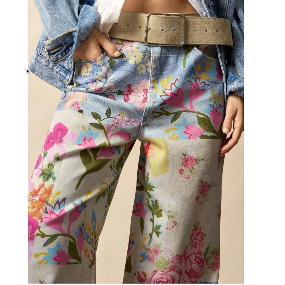 Boho Floral Print Wide leg Denim Jeans